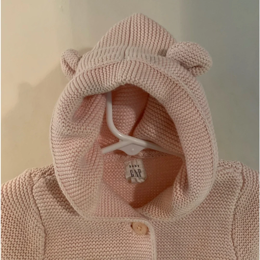 Baby gap knit crochet pink sweater bear ears buttons pockets 6-12 months